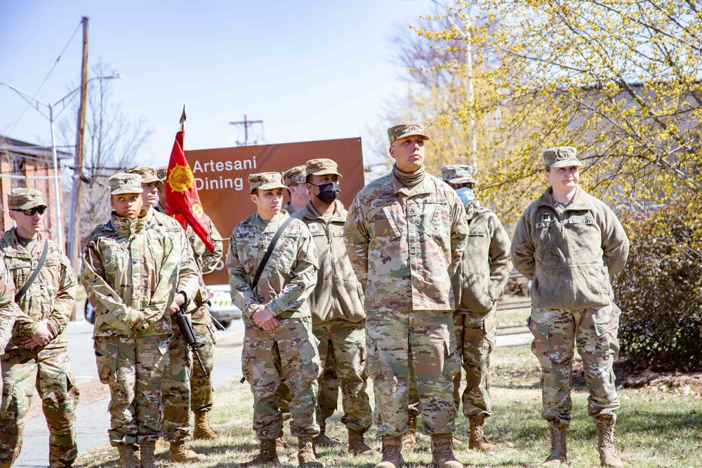 Soldiers attending the grand opening of the Warrior Restaurant