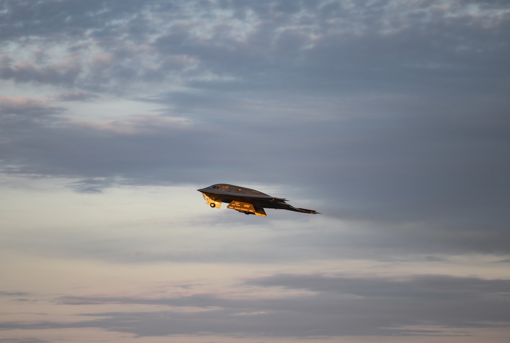 B-2 Spirit Stealth Bombers take off during exercise hosted at Whiteman Air Force Base