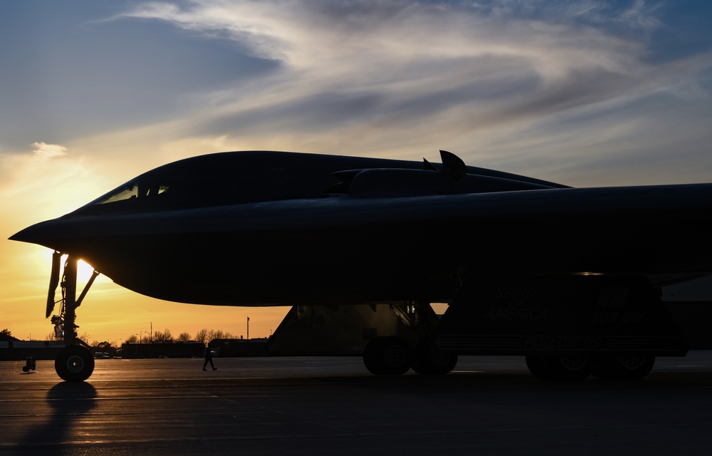 B-2 Spirit Stealth Bombers take off during exercise hosted at Whiteman Air Force Base