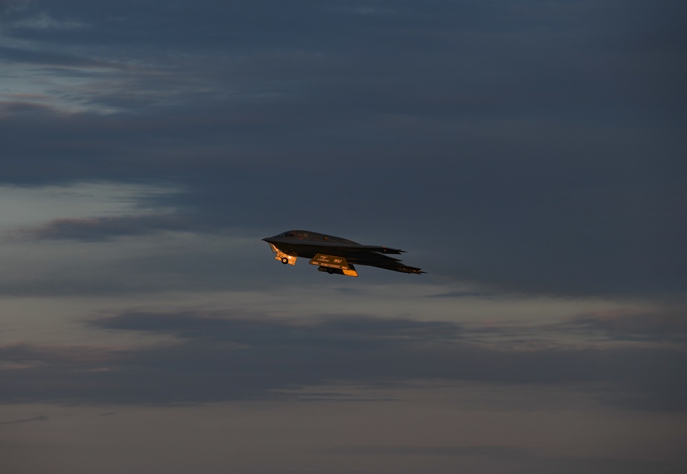 B-2 Spirit Stealth Bombers take off during exercise hosted at Whiteman Air Force Base