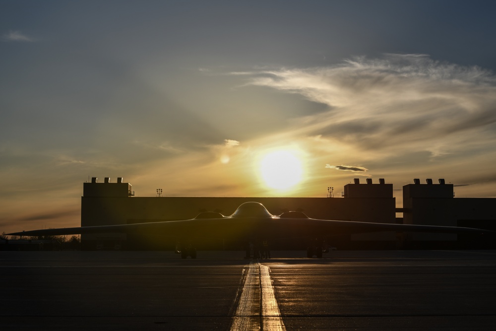 B-2 Spirit Stealth Bombers take off during exercise hosted at Whiteman Air Force Base