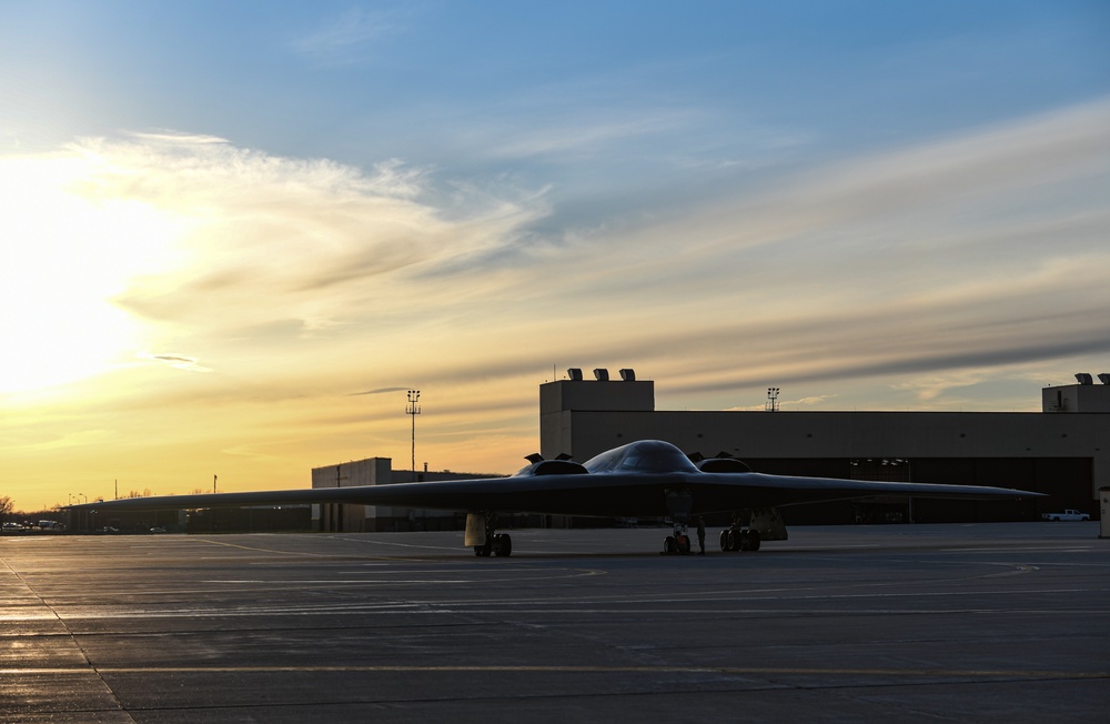 B-2 Spirit Stealth Bombers take off during exercise hosted at Whiteman Air Force Base