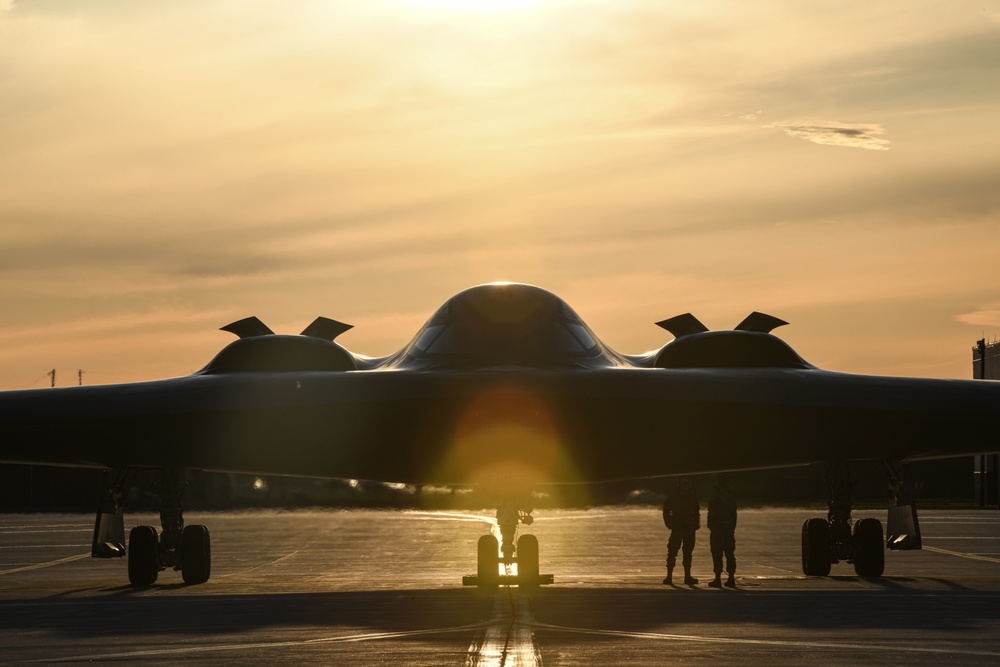 B-2 Spirit Stealth Bombers take off during exercise hosted at Whiteman Air Force Base