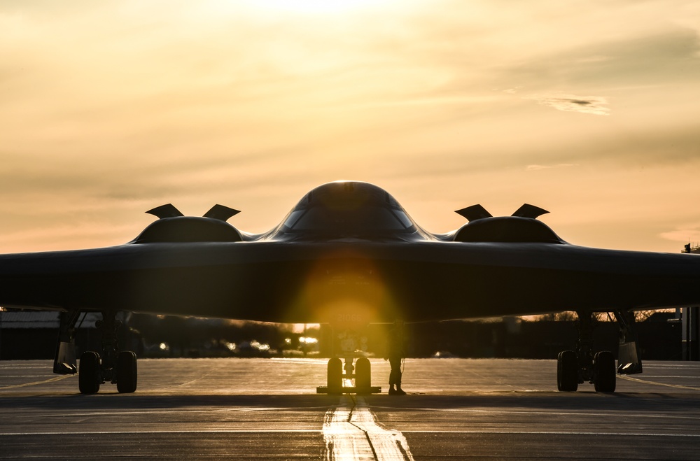 B-2 Spirit Stealth Bombers take off during exercise hosted at Whiteman Air Force Base