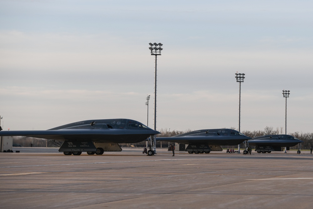 B-2 Spirit Stealth Bombers take off during exercise hosted at Whiteman Air Force Base