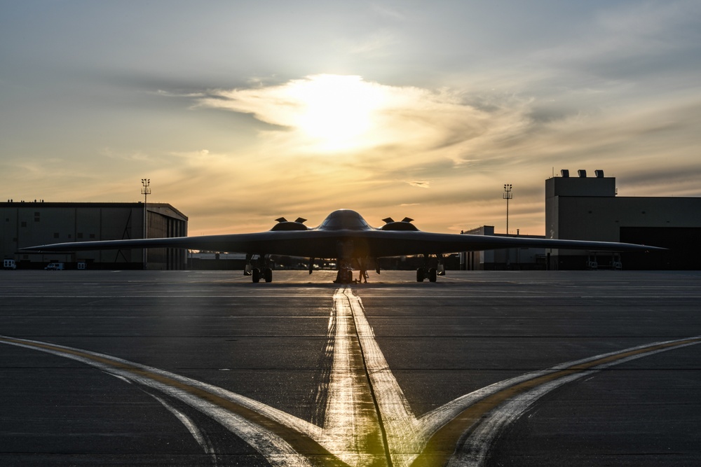 B-2 Spirit Stealth Bombers take off during exercise hosted at Whiteman Air Force Base