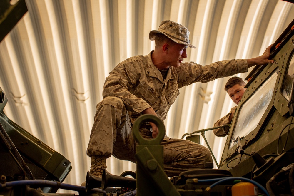 U.S. Marines with CLB1, CLR1, 1st MLG, conduct preventive maintenance