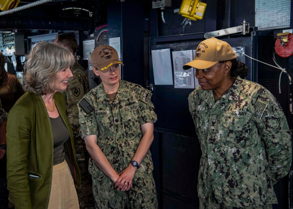 Gridley conducts a ship tour with the Deputy Chief of Mission to the U.S. Embassy in Bahrain Maggie Nardi