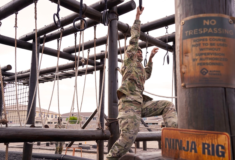 U.S. Army soldiers participate in obstacle course during Best Leader Competition