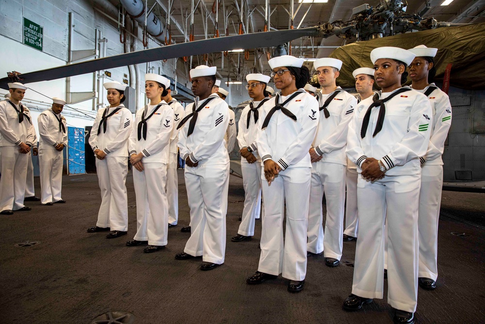 GHWB Sailors Complete a Service Dress Uniform Inspection