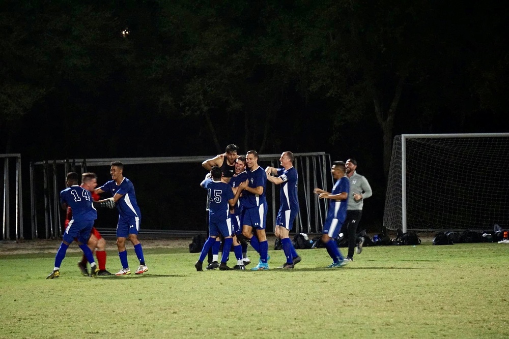 U.S. Air Force soccer player controls the goal