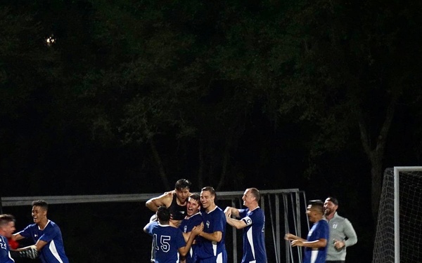 U.S. Air Force soccer player controls the goal