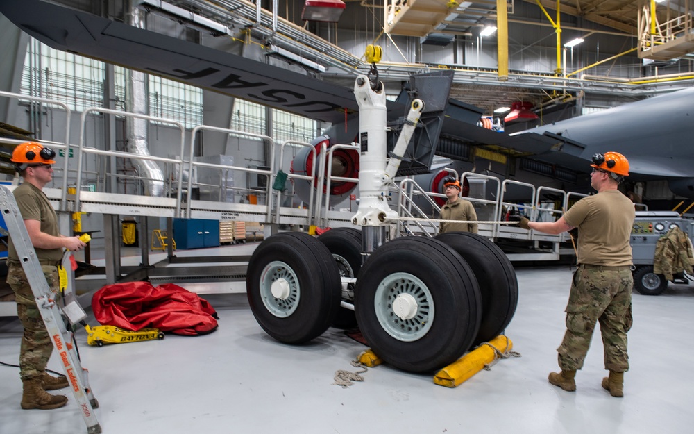 Maintenance Squadron performs a hard landing inspection on tanker