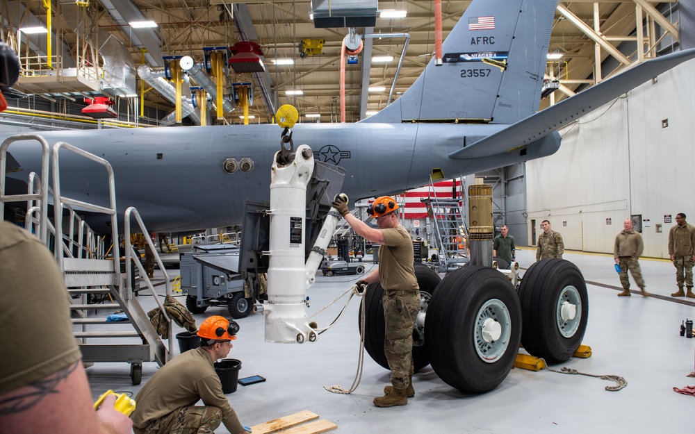 Maintenance Squadron performs a hard landing inspection on tanker