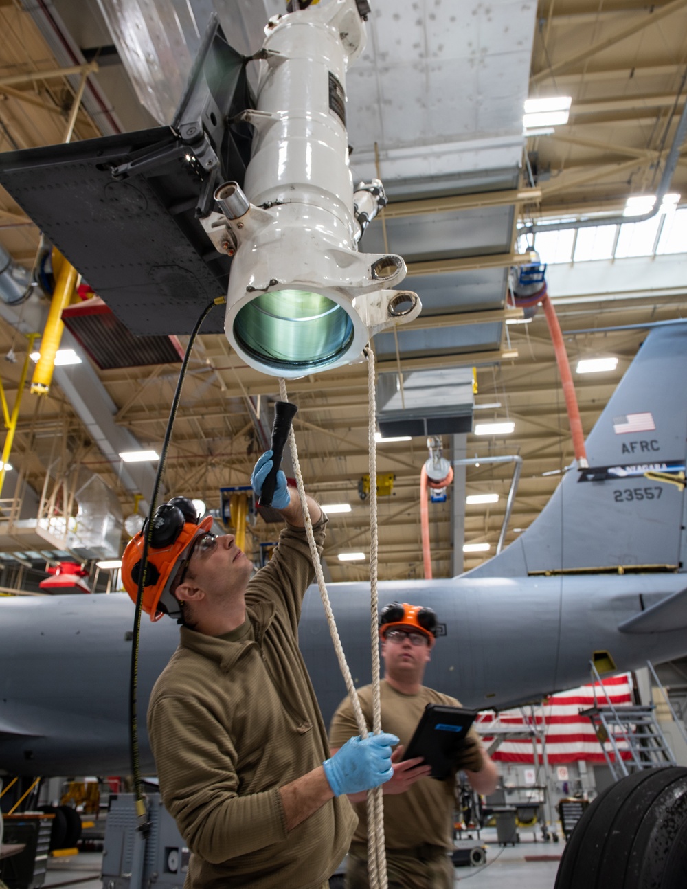 Maintenance Squadron performs a hard landing inspection on tanker