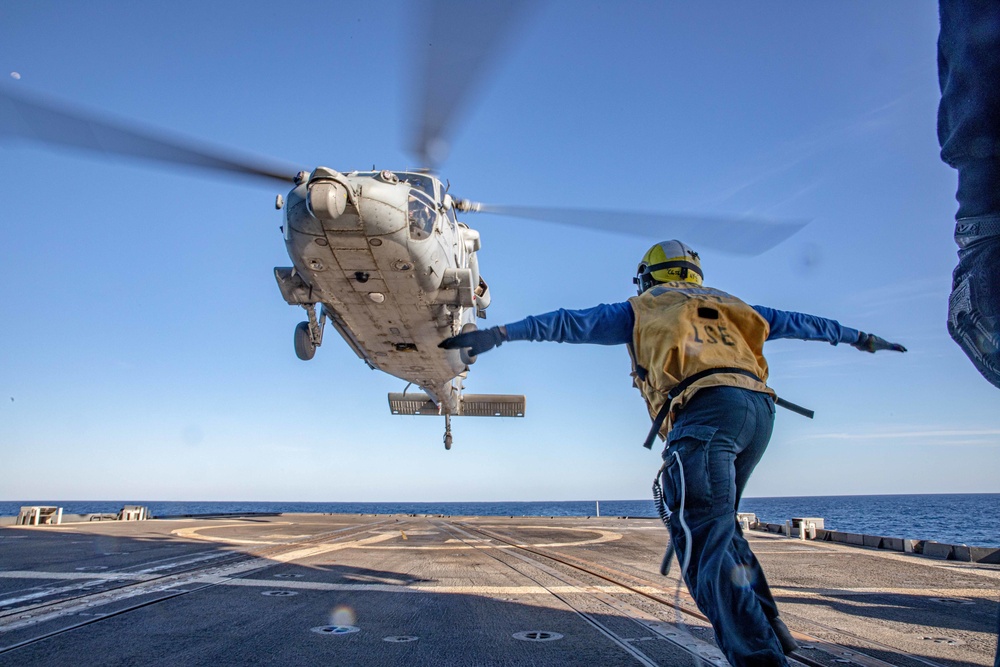 USS San Jacinto conducts flight quarters.