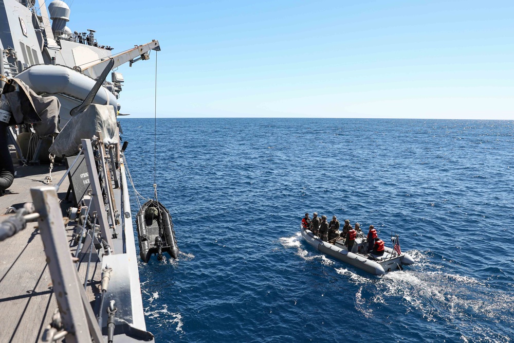 U.S. Marines launch a small unmanned aircraft system from USS Ross