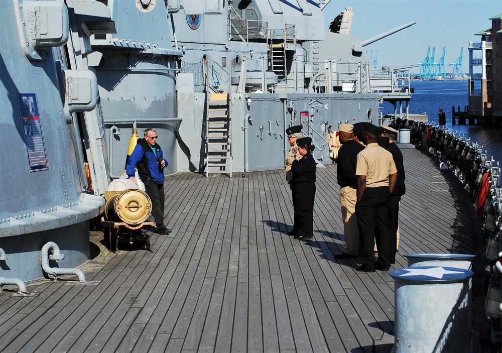 Sailors from Commander, Naval Surface Force Atlantic tour the Battleship Wisconsin