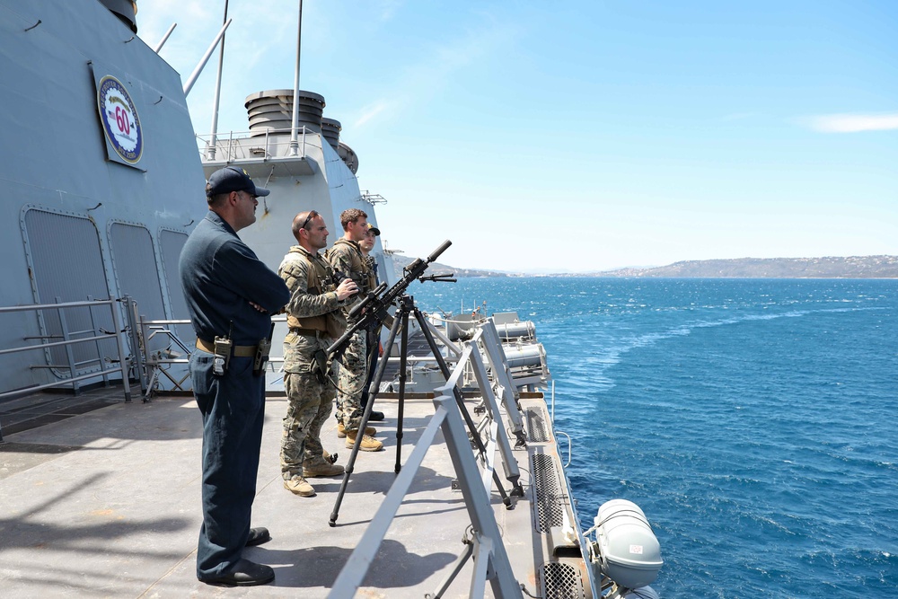 USS Ross leaves port in Souda Bay, Greece