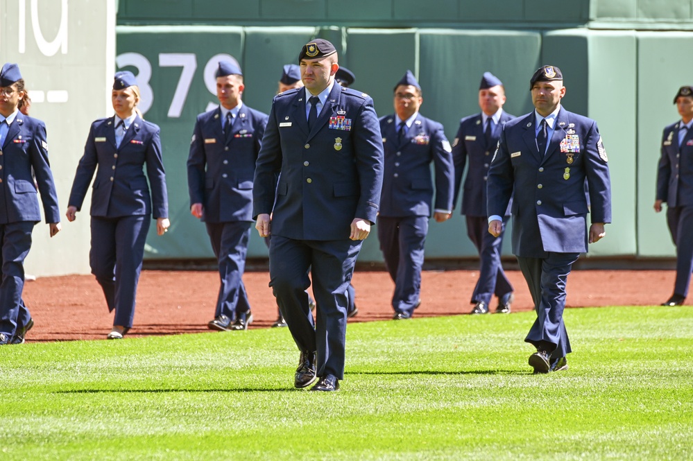 Airmen support Patriots Day flag detail at Fenway Park