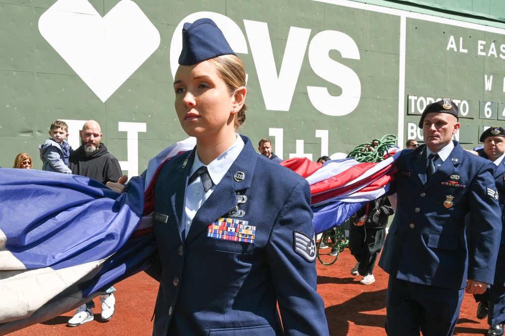 Airmen support Patriots Day flag detail at Fenway Park