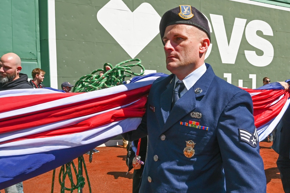 Airmen support Patriots Day flag detail at Fenway Park