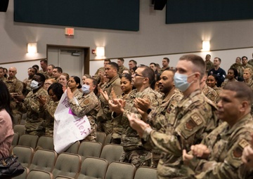 Retired CMSAF Wright, Alex Toussaint discuss mental health awareness with JBA Airmen