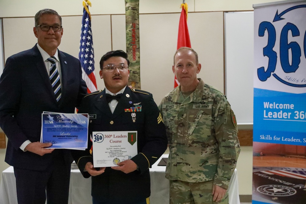 Brigadier General Stanco presents SGT Andres Saenz with a 360 Leaders course certificate