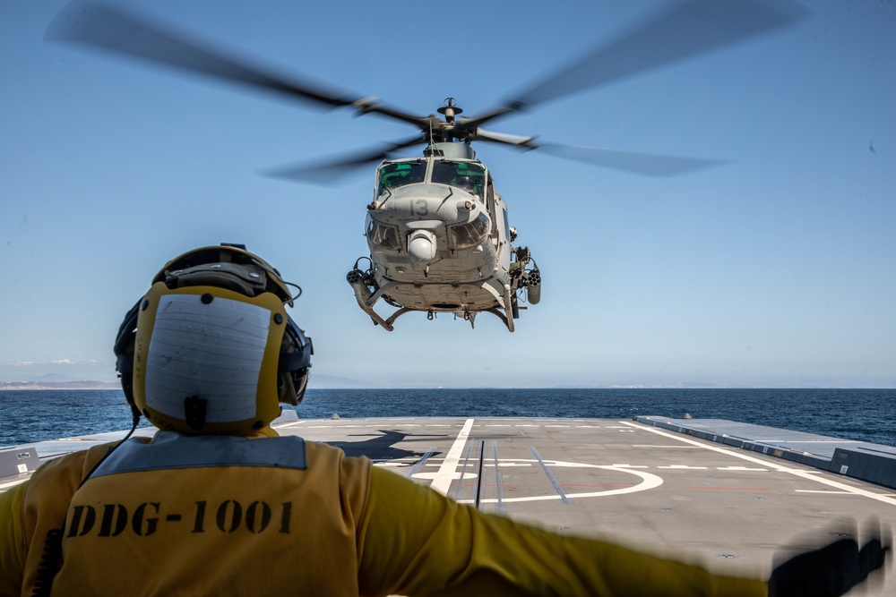 Marine Light Attack Helicopter Squadron 169 landing UH-1Y Venoms and AH-1Z Vipers on USS Michael Monsoor