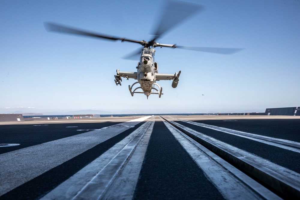 Marine Light Attack Helicopter Squadron 169 landing UH-1Y Venoms and AH-1Z Vipers on USS Michael Monsoor