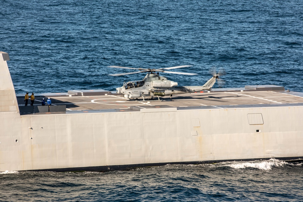 Marine Light Attack Helicopter Squadron 169 landing UH-1Y Venoms and AH-1Z Vipers on USS Michael Monsoor