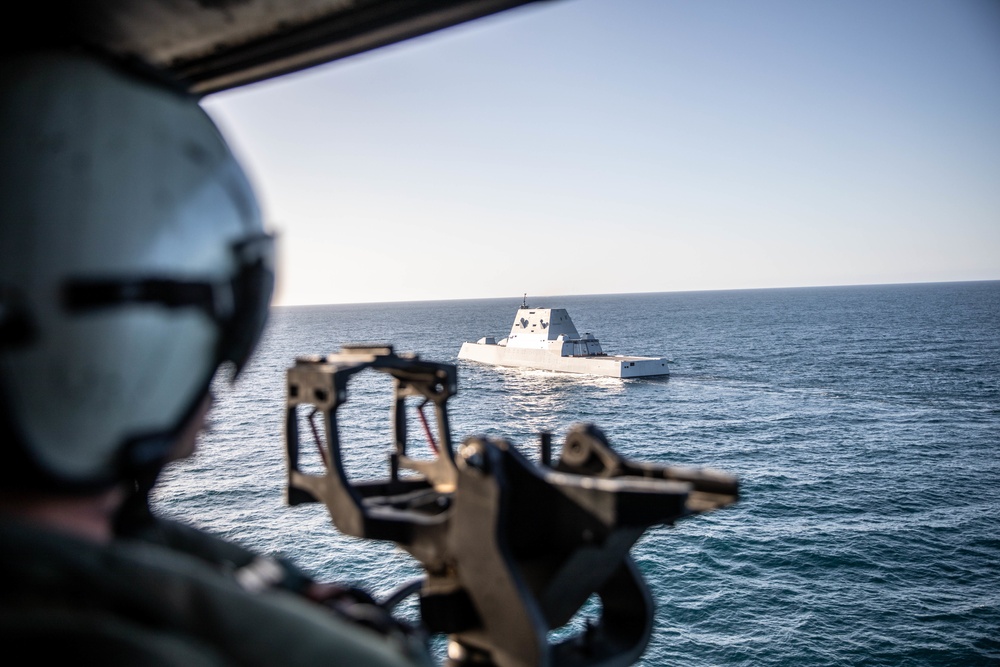 Marine Light Attack Helicopter Squadron 169 landing UH-1Y Venoms and AH-1Z Vipers on USS Michael Monsoor