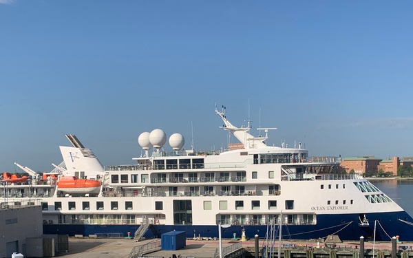 Cruise Ship Ocean Explorer docked behind Hampton Roads Naval Museum