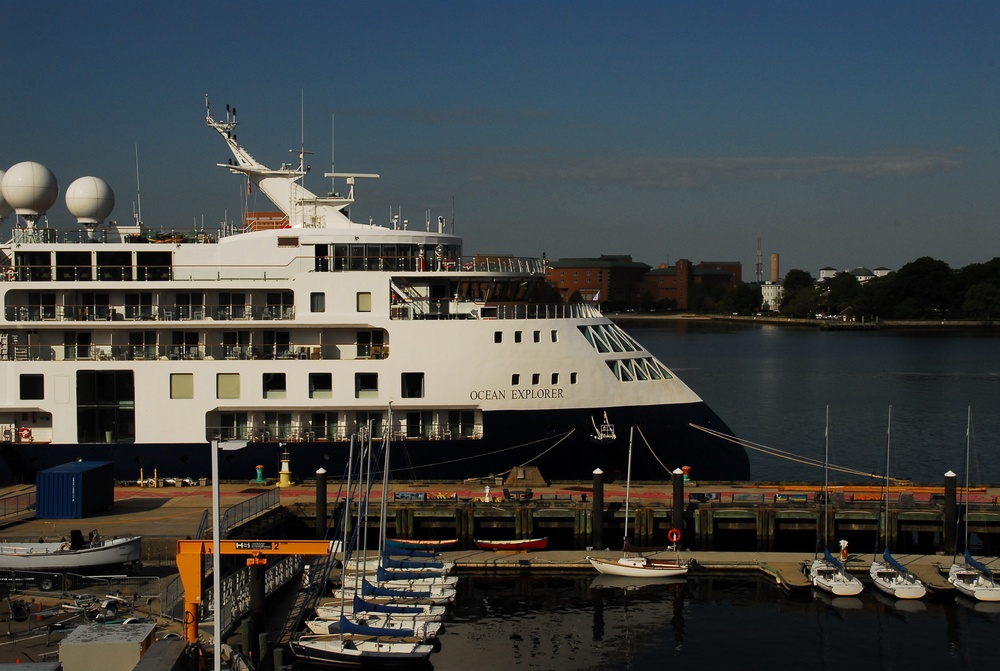 Cruise Ship Ocean Explorer docked behind Hampton Roads Naval Museum