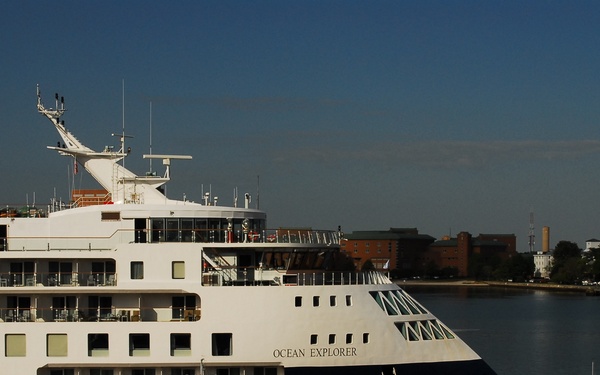 Cruise Ship Ocean Explorer docked behind Hampton Roads Naval Museum