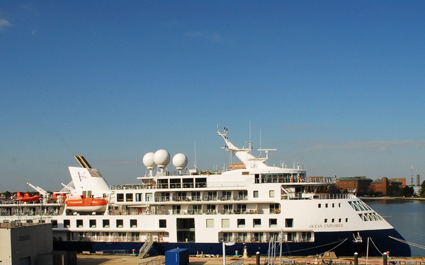 Cruise Ship Ocean Explorer docked behind Hampton Roads Naval Museum