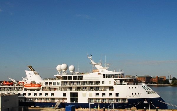 Cruise Ship Ocean Explorer docked behind Hampton Roads Naval Museum