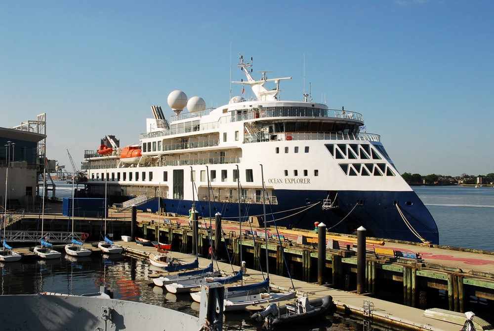 Cruise Ship Ocean Explorer docked behind Hampton Roads Naval Museum