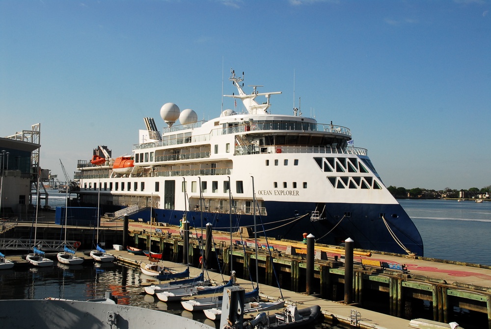 Cruise Ship Ocean Explorer docked behind Hampton Roads Naval Museum