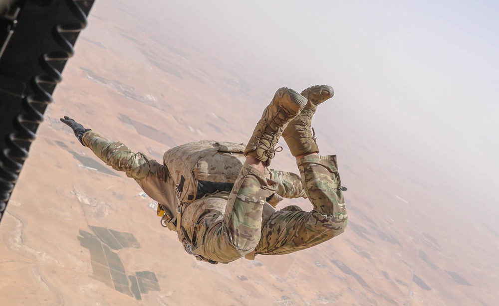 US Special Forces Operator Leaps to the Drop Zone on a Combined Jump Exercise with the Royal Jordanian Armed Forces