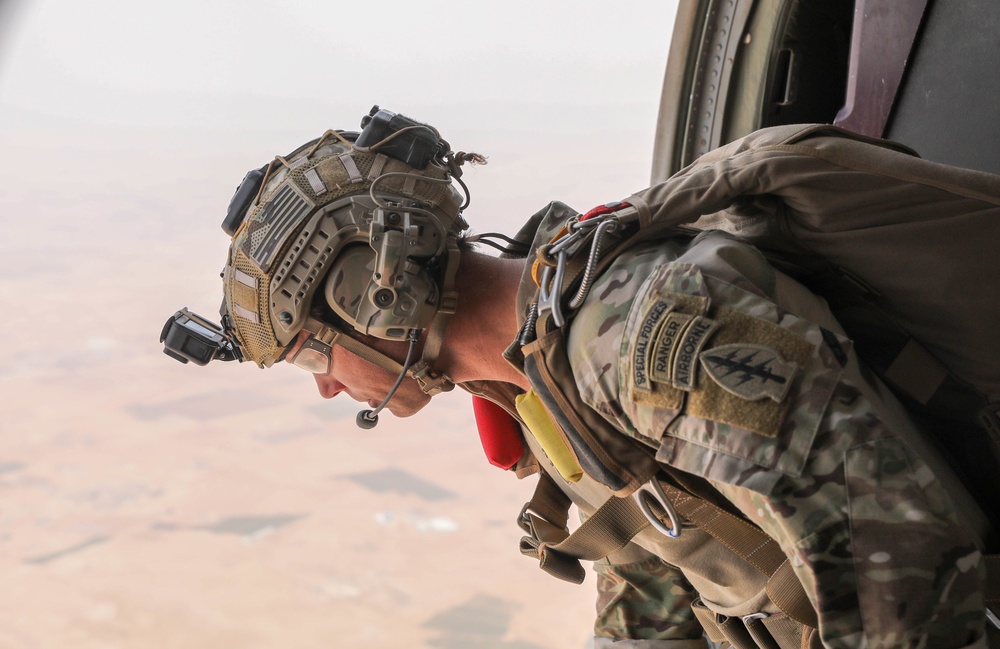 US Special Forces Operator Looks to the Drop Zone at a combined jump exercise with the Royal Jordanian Armed Forces