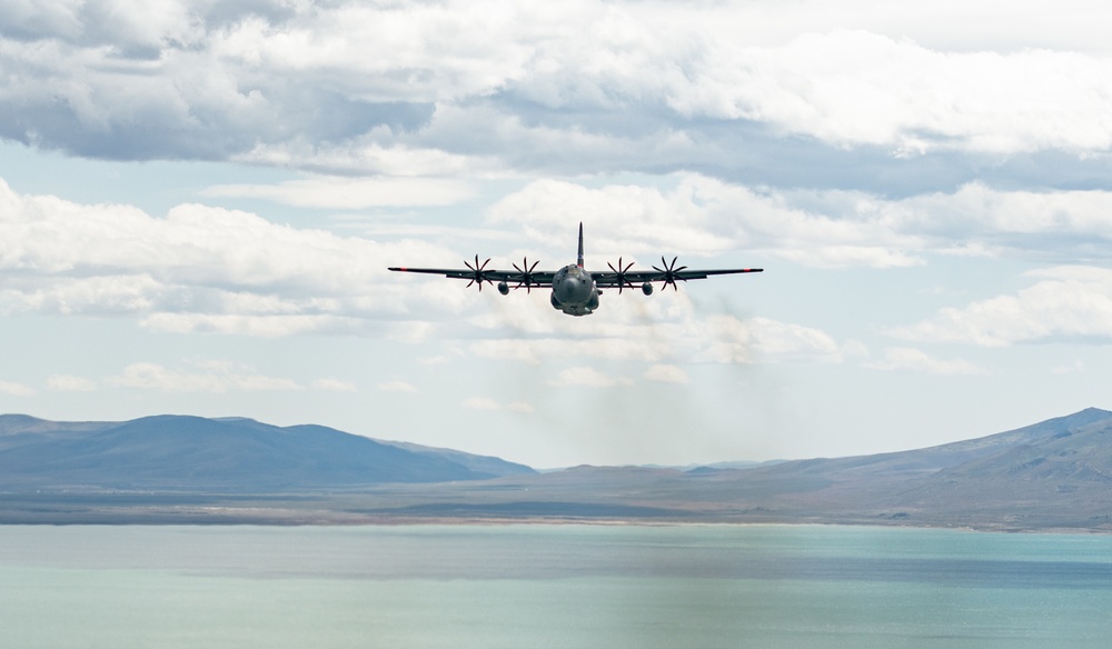 Nevada Air Guard C-130H Hercules Flies over Pyramid Lake during ESGR Boss Flight