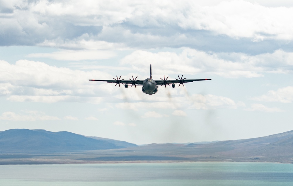 Nevada Air Guard C-130H Hercules Flies over Pyramid Lake during ESGR Boss Flight