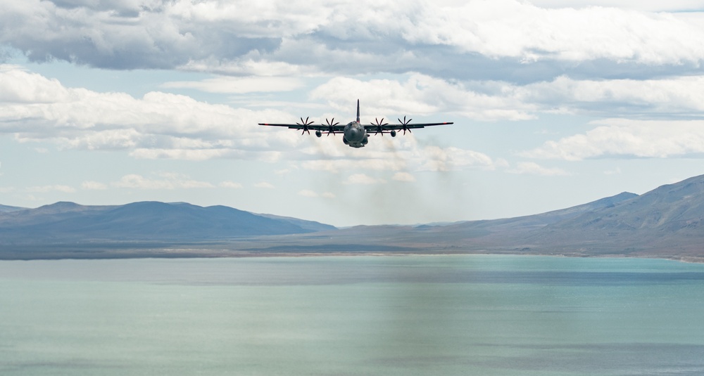 Nevada Air Guard C-130H Hercules Flies over Pyramid Lake during ESGR Boss Flight