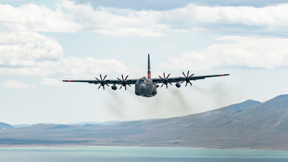 Nevada Air Guard C-130H Hercules Flies over Pyramid Lake during ESGR Boss Flight