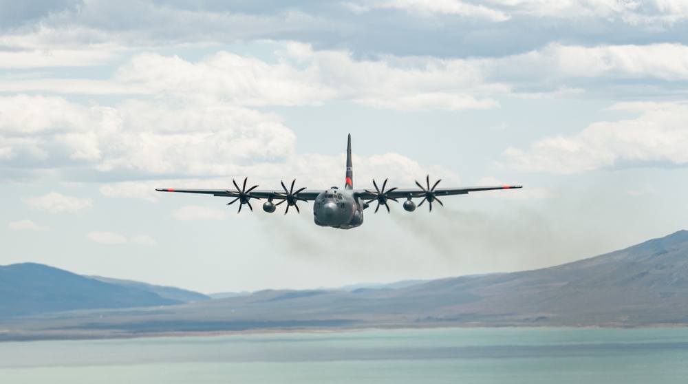 Nevada Air Guard C-130H Hercules Flies over Pyramid Lake during ESGR Boss Flight