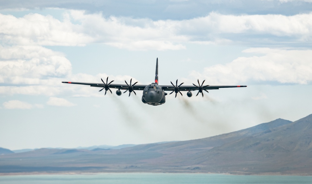 Nevada Air Guard C-130H Hercules Flies over Pyramid Lake during ESGR Boss Flight