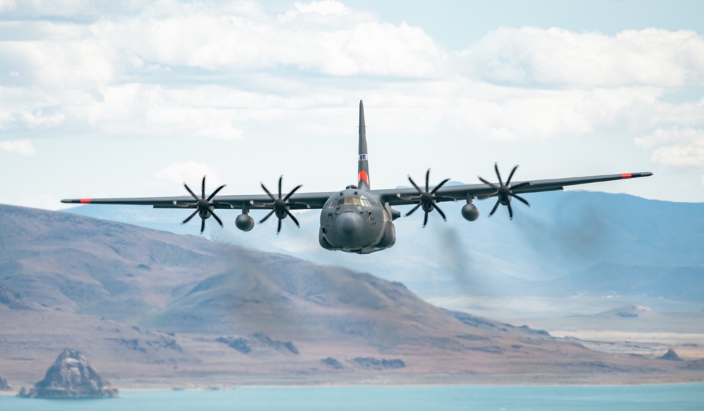 Nevada Air Guard C-130H Hercules Flies over Pyramid Lake during ESGR Boss Flight