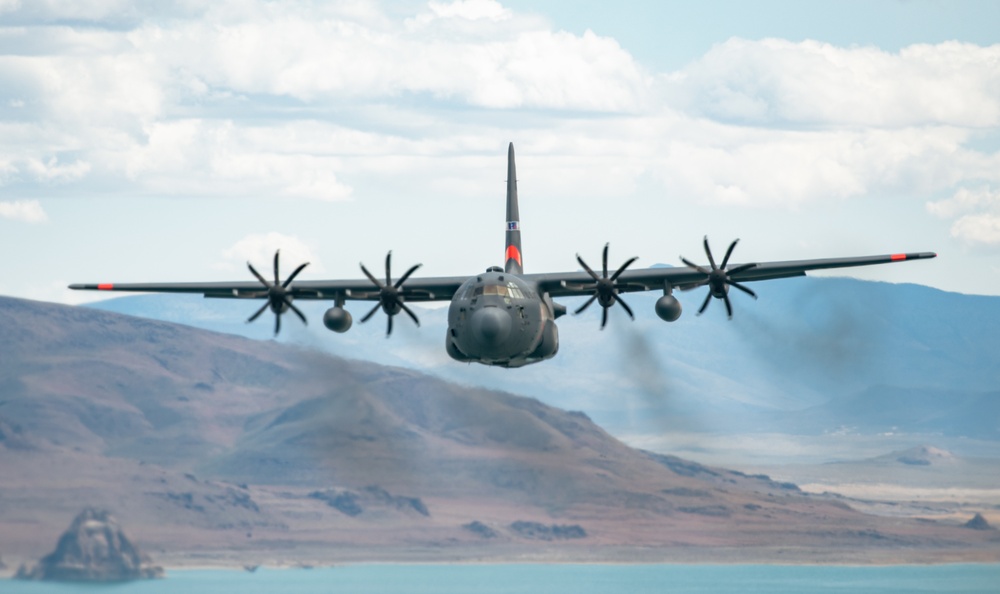 Nevada Air Guard C-130H Hercules Flies over Pyramid Lake during ESGR Boss Flight