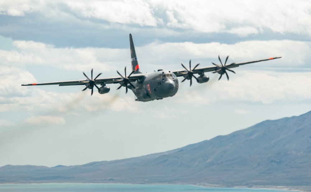 Nevada Air Guard C-130H Hercules Flies over Pyramid Lake during ESGR Boss Flight